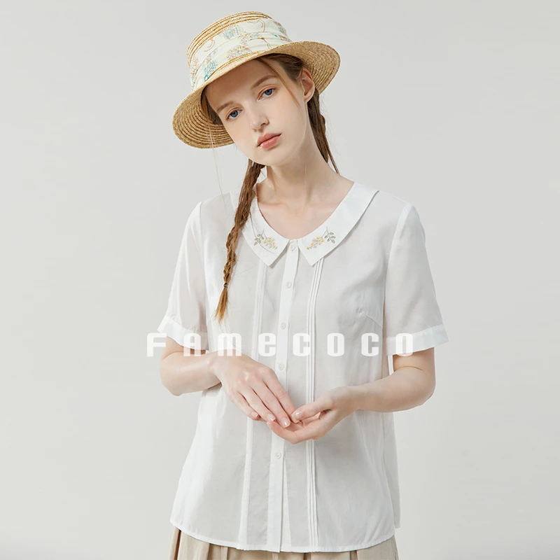 Famecoco范可儿刺绣翻领天丝衬衣纯色短袖衬衫舒适透气FAB3BH033
