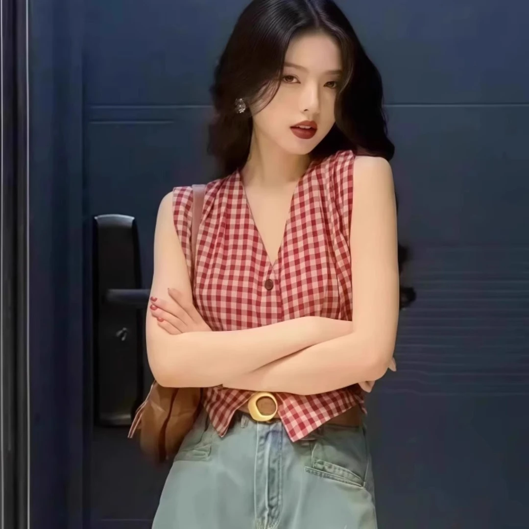 芊芊芙港风复古V领排扣无袖格子衬衣夏季新款高级感气质显瘦背心
