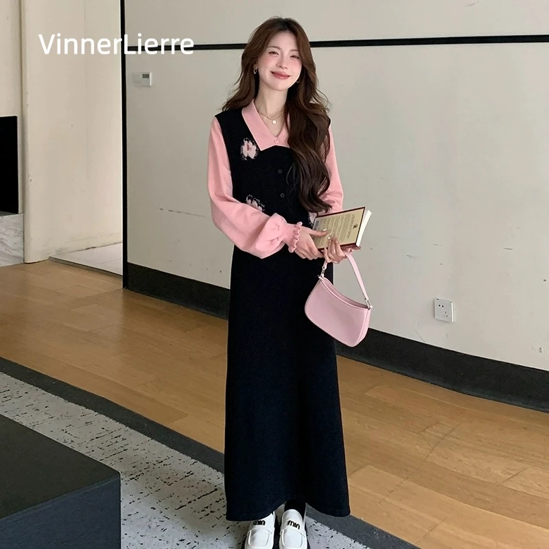 薇妮诺气质甜美长款连衣裙女装秋冬针织法式小香风显瘦假两件长裙