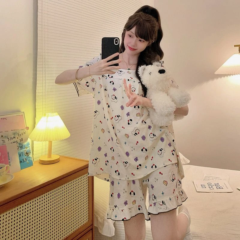 2025夏天新款女睡衣短裤短袖方领加肥大码胖mm卡通可爱休闲家居服
