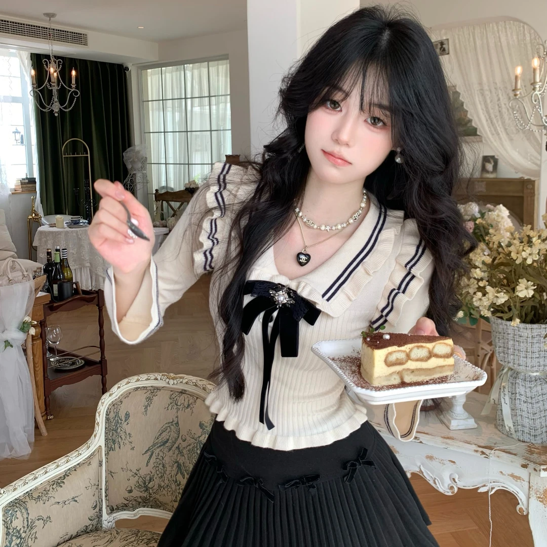 Blovelan甜蜜遐想 甜美减龄蝴蝶结收腰修身针织