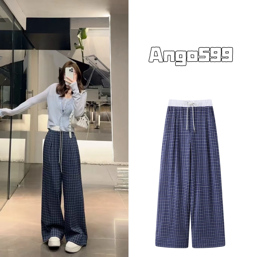 自在随性* 早春新款撞色腰头蓝色格子休闲直筒裤