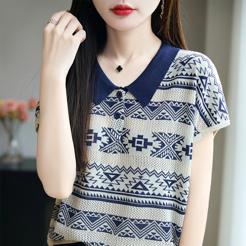 哥弟阿玛施正品夏季翻领复古休闲针织衫100%莱赛尔天丝提花t恤女