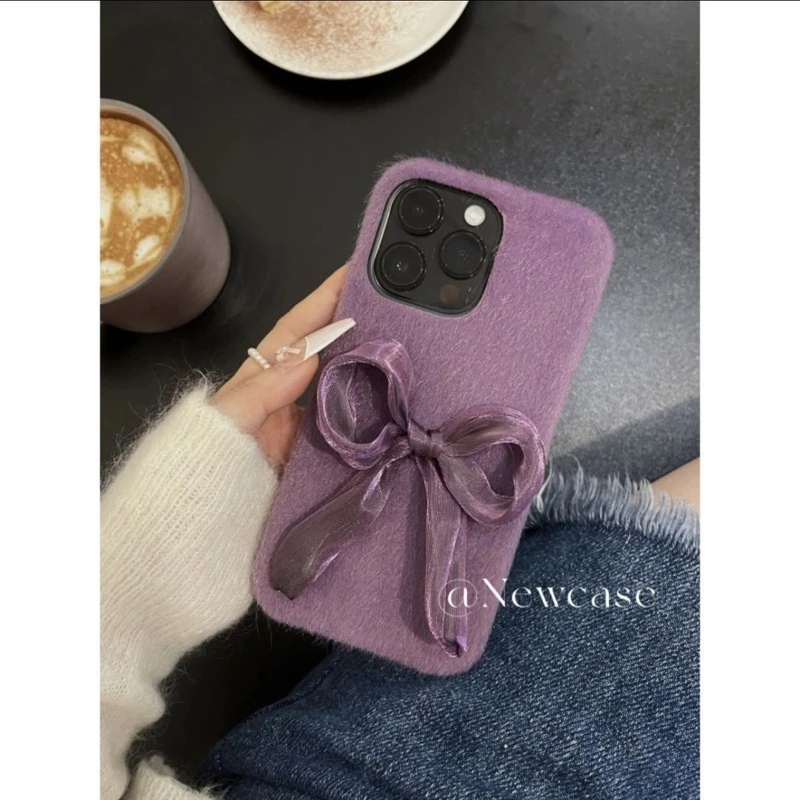 ins气质秋冬紫蝴蝶结适用iPhone15手机壳苹果14/13promax/12/11潮