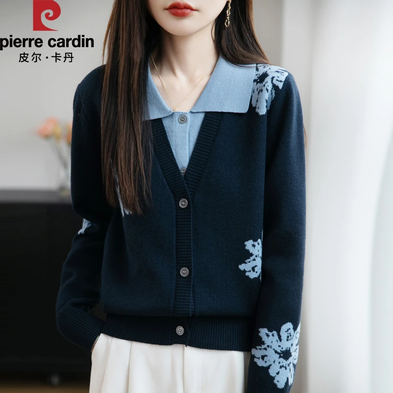 皮尔卡丹时尚百搭宽松雪绒花撞色提花假两件休闲长袖休闲针织开衫