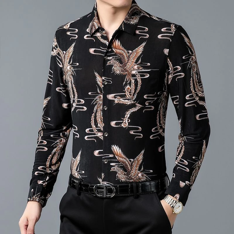 全国包邮新款长袖男士冰丝衬衫高档薄款时尚男士花衬衫大码休闲免