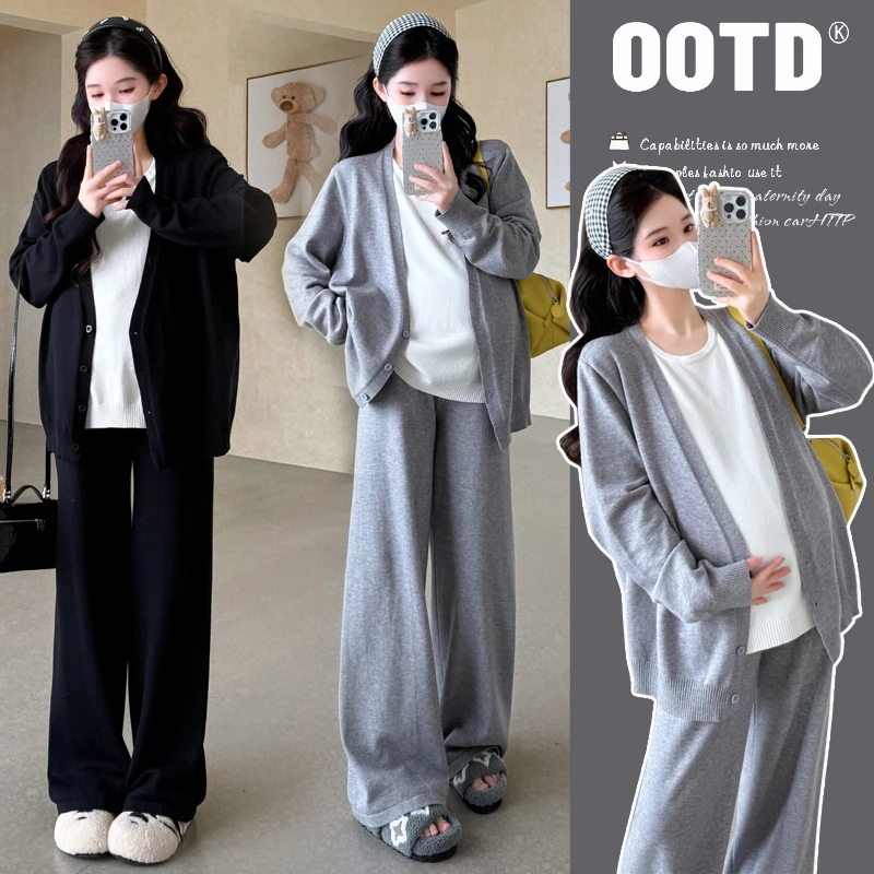 孕妇装2025秋冬新品假两件开扣拼接针织毛衣慵懒复古时尚宽松套装