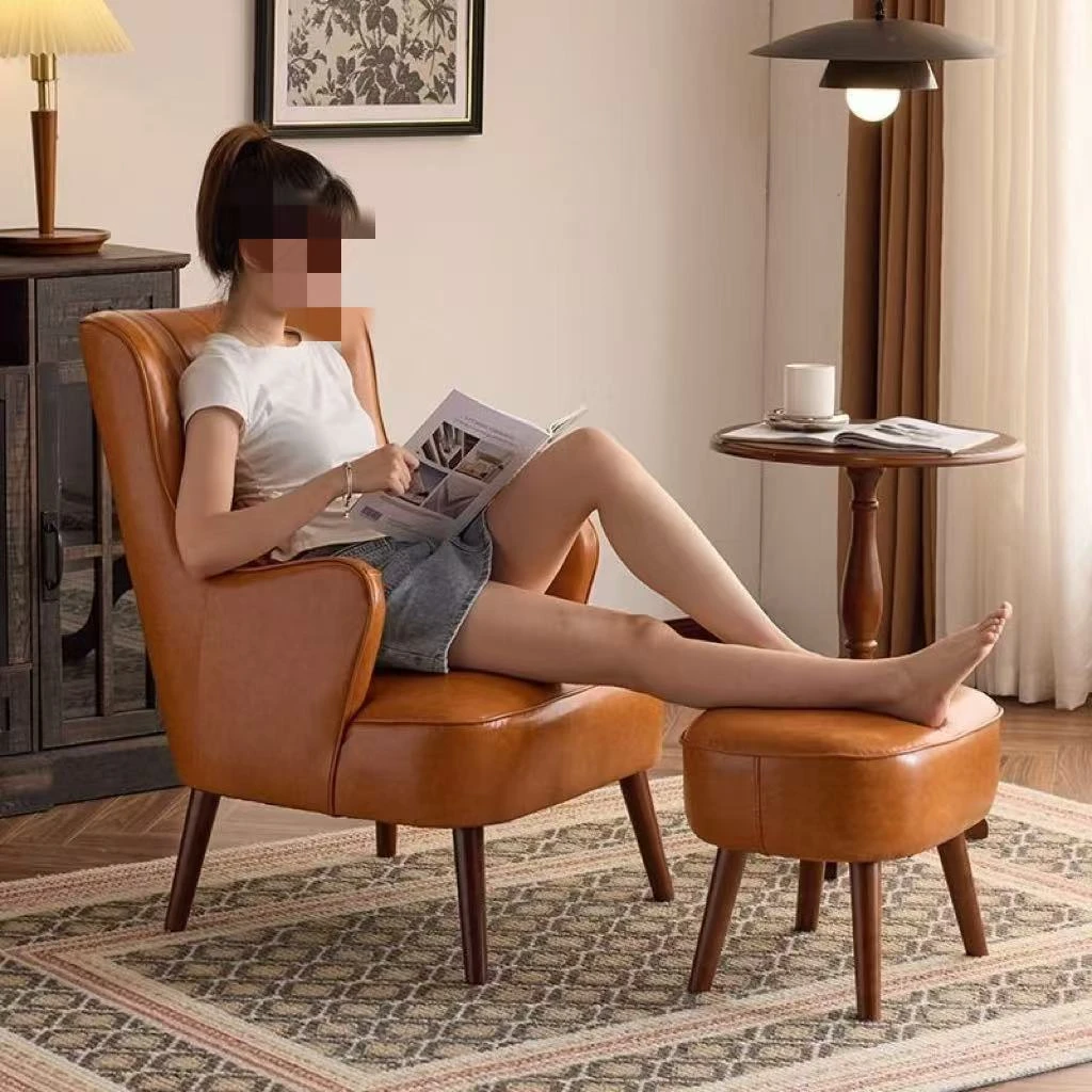 中古风单人沙发小户型客厅卧室阳台油蜡皮休闲单椅懒人沙发老虎椅