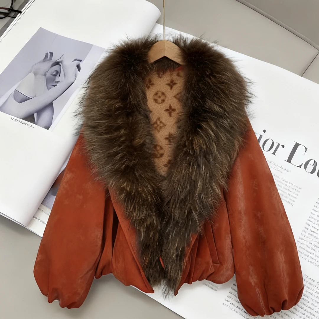 Bikamo/2025宽松型长袖休闲风厚款毛领拼接轻奢皮衣外套P0430橘色