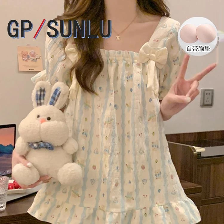 日本小众GP睡衣与乳房垫的妇女夏季短袖短裤云棉流行薄可爱甜美卡