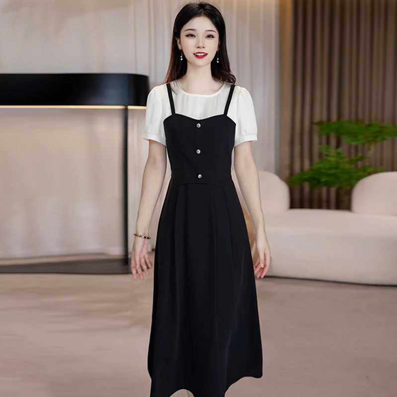 黑色拼接假两件裙子2025年夏季新款女神范优雅气质修身显瘦连衣裙