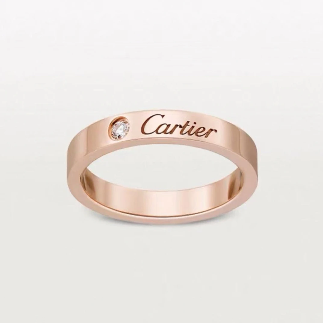 99新 Cartier/卡地亚 新款K玫瑰金单钻窄版签名款戒指50 52号
