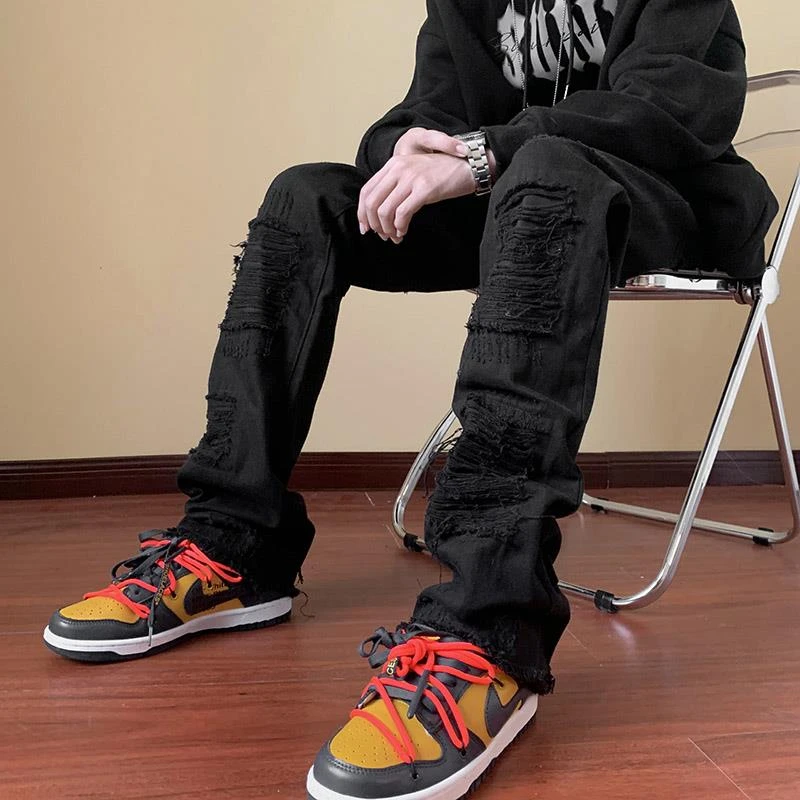 cleanfit黑色牛仔裤男款破洞裤子美式街头高街潮牌修身直筒微喇裤