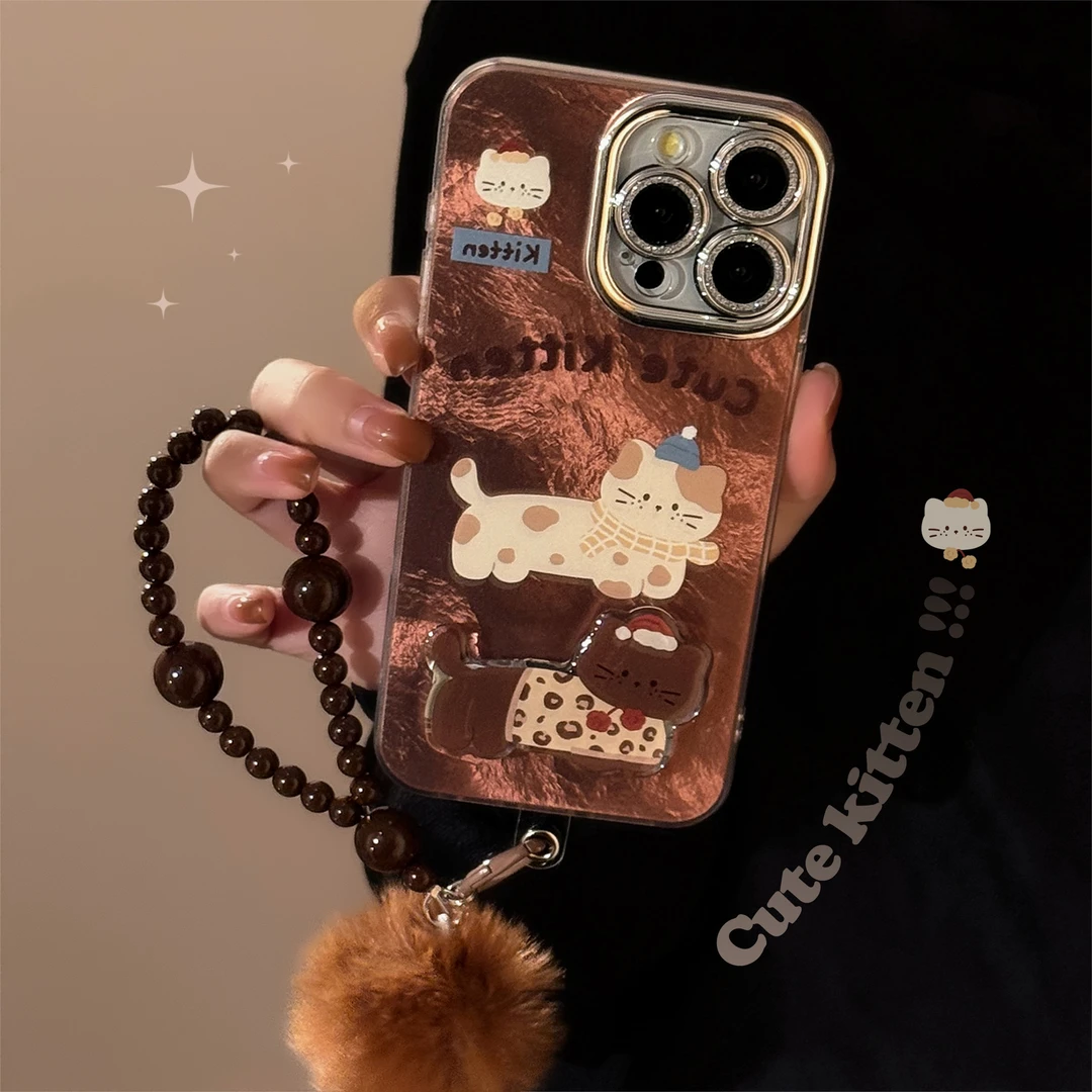 呆萌棕色猫咪带支架15promax手机壳iphone16闪粉13毛绒绳14硬