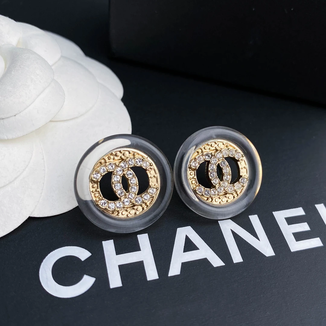 全新未使用 Chanel/香奈儿 双C透明金色浮雕镶钻圆形耳环 S4995