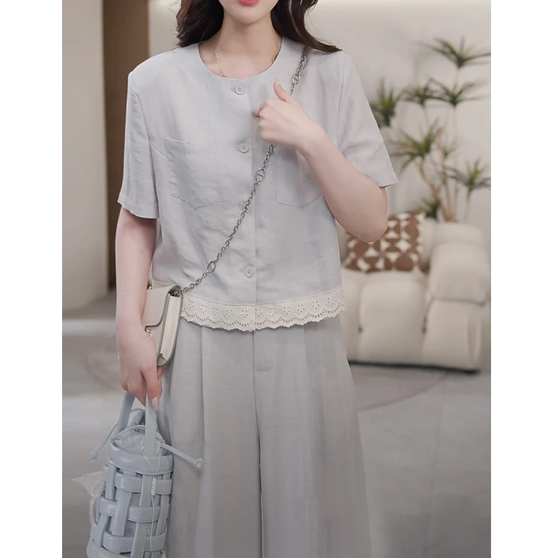 夏日绝美小套装2025新款流行蕾丝花边短袖上衣搭配阔腿裤两件套