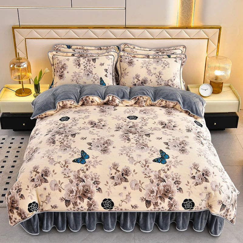 正品秋冬床裙高克重加厚保暖牛奶绒四件套柔软细腻床上用品