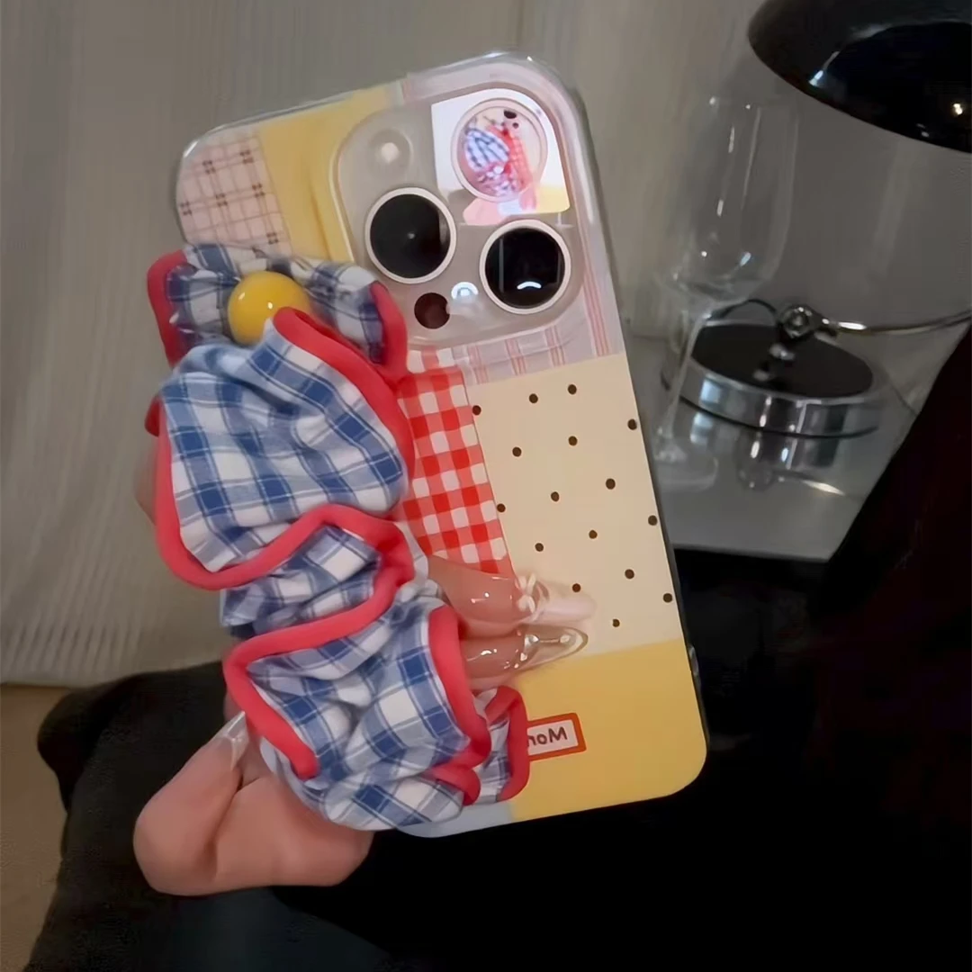 双层IMD多重拼接蓝格腕带手机壳适用苹果16华为p70oppo小米15vivo