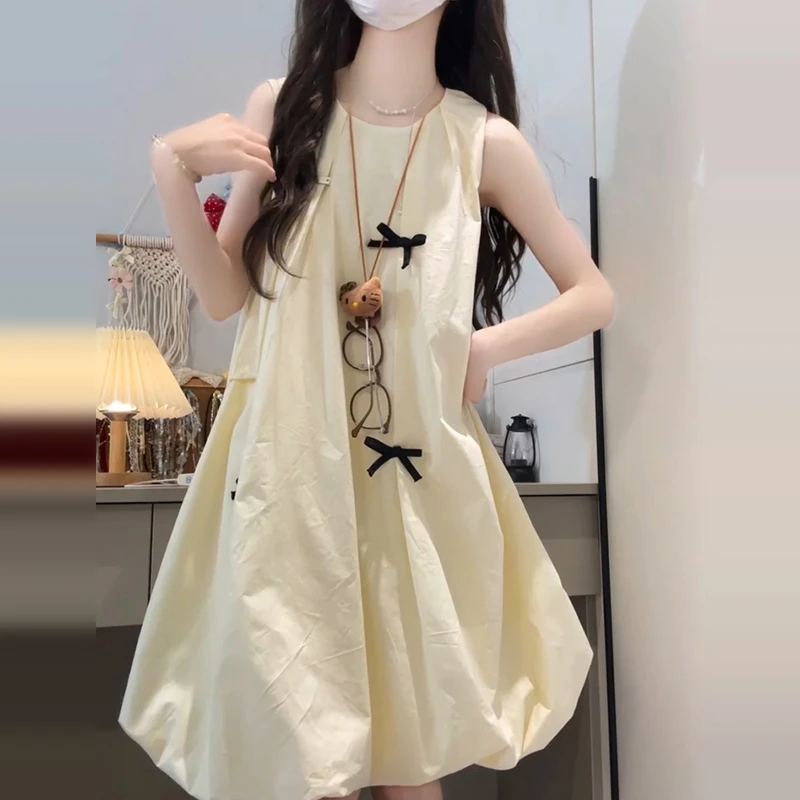 甜美白色无袖背心连衣裙子女夏季新款蝴蝶结气质宽松花苞短裙3635