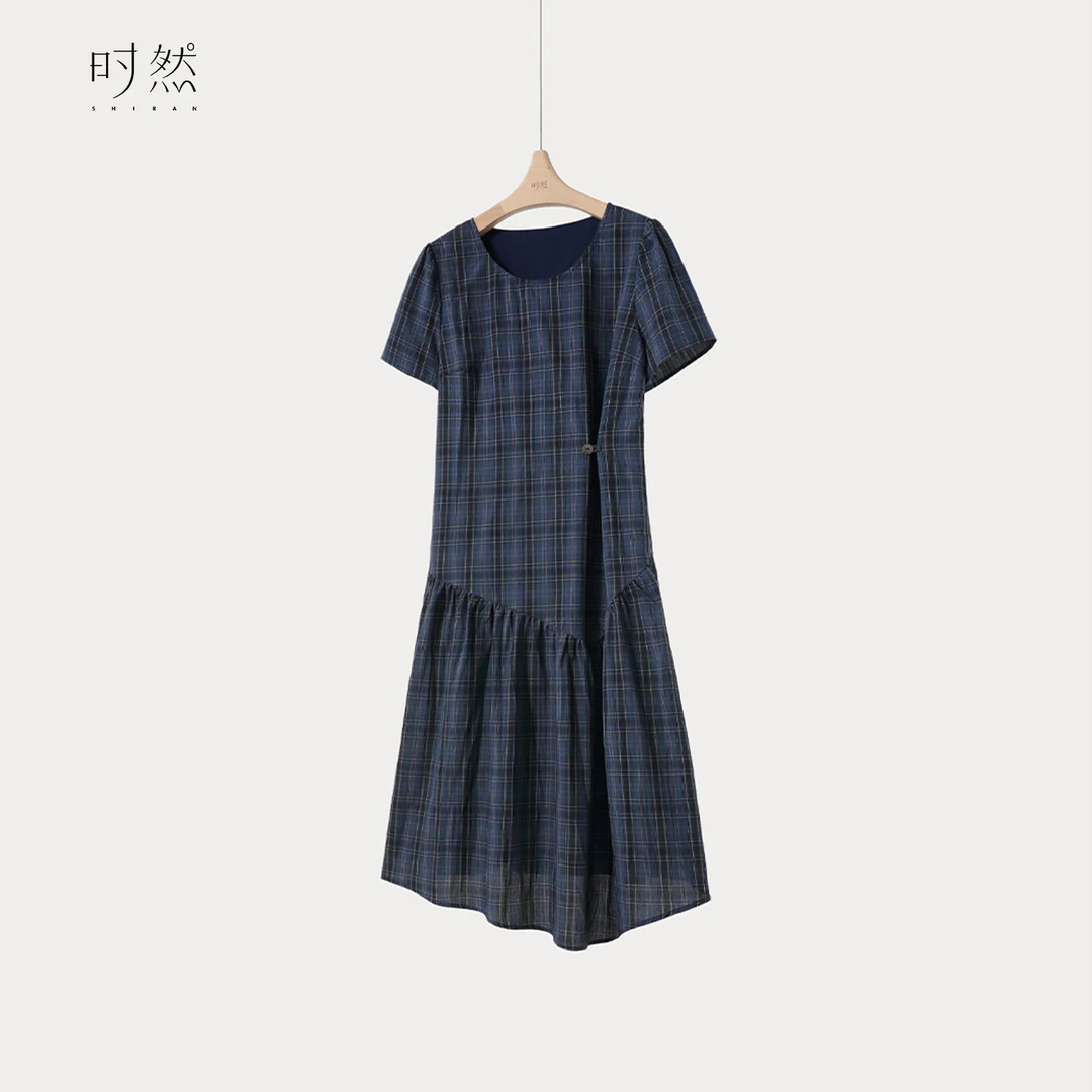 时然【青格诗语】微胖大码女装夏季新款韩系简约实穿格子显瘦连衣裙