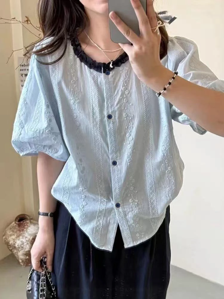 高级感重工钩花刺绣蓝色短袖衬衫女木耳边撞色领洋气小衫夏季上衣