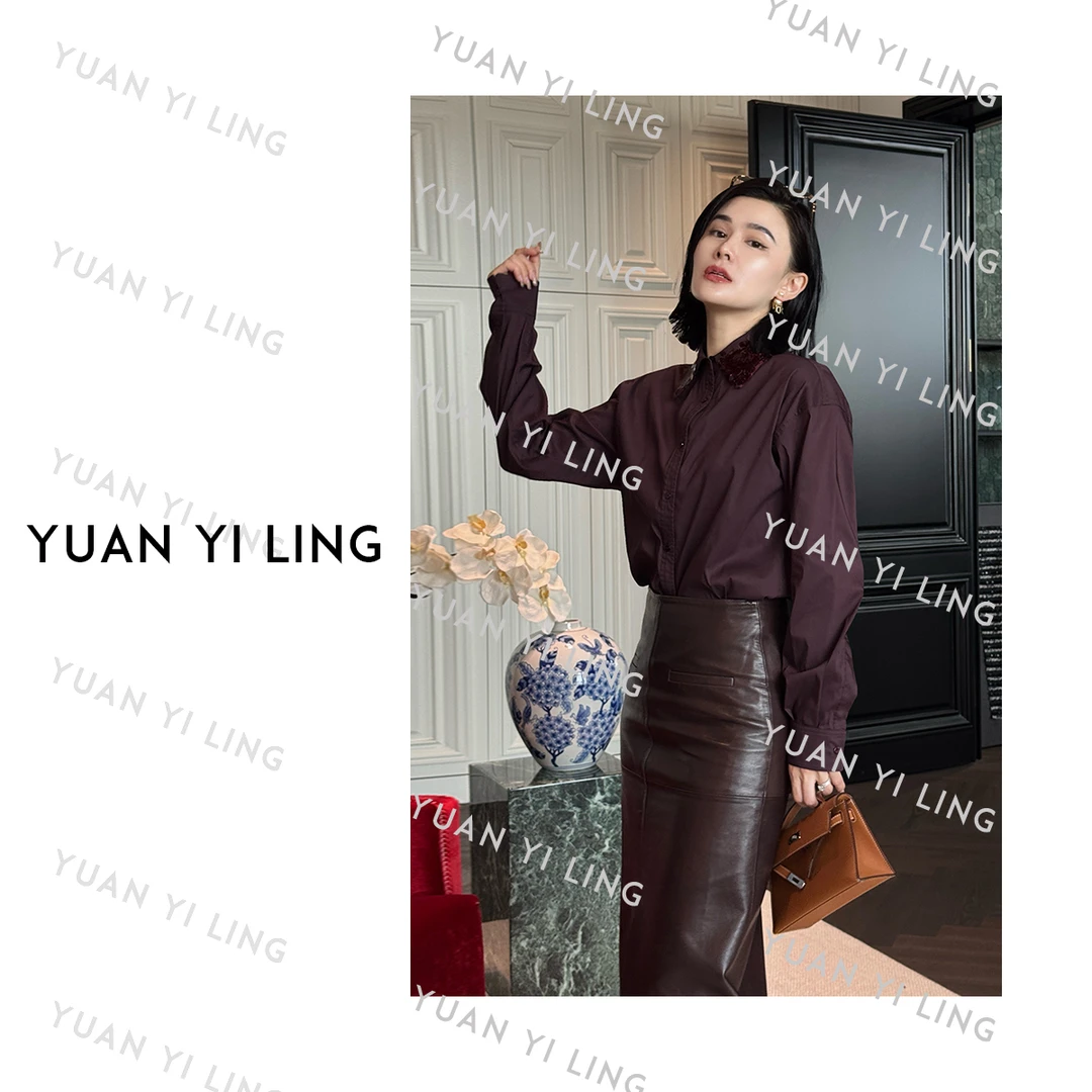 袁艺灵【度假老钱】25秋季新款重工亮片翻领棉质长袖休闲衬衫时尚