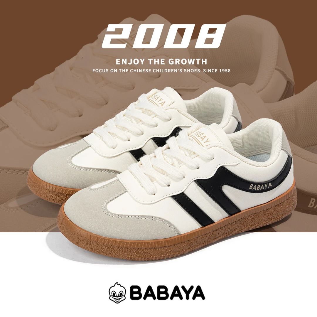 芭芭鸭女鞋2025春秋皮面拼休闲板鞋潮流运动鞋百搭低帮轻巧休闲鞋