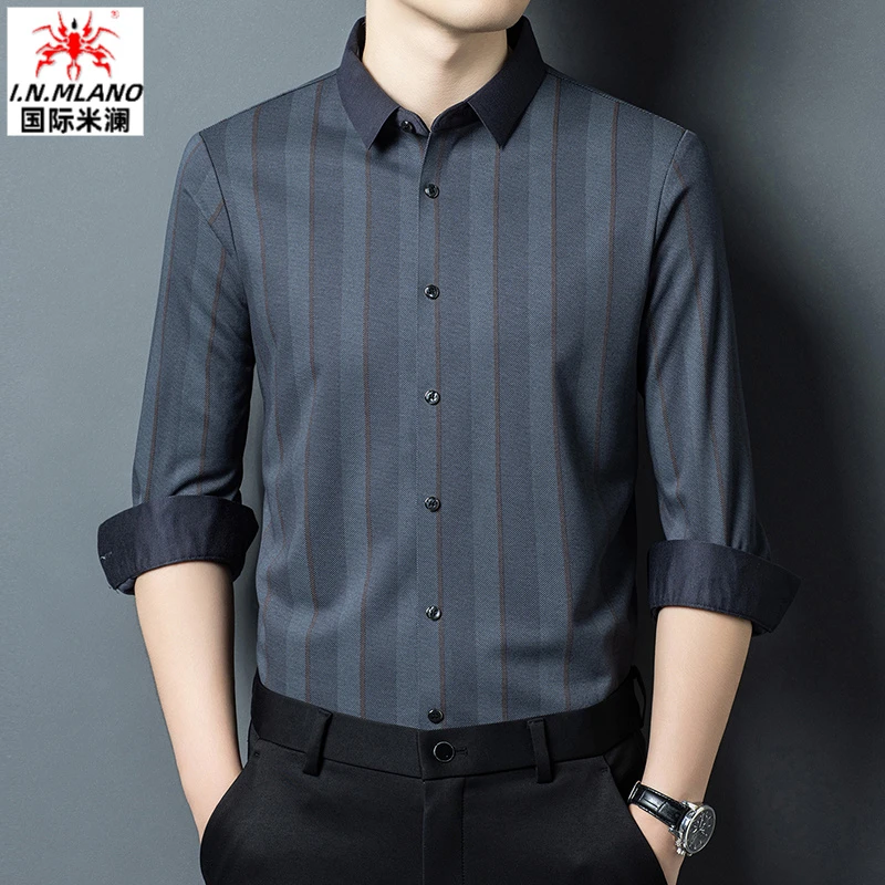 秋冬季新款高档羊毛男士保暖免烫长袖衬衫中年休闲商务条纹衬衣男