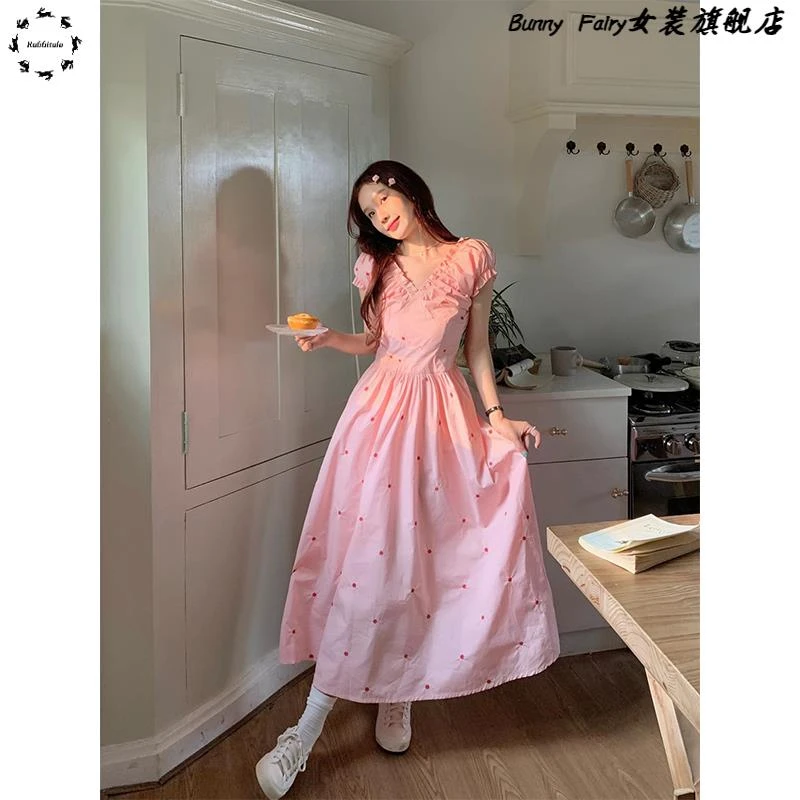 法式甜美温柔风粉色短袖洋装女夏季收腰修身显瘦小个子中长裙潮