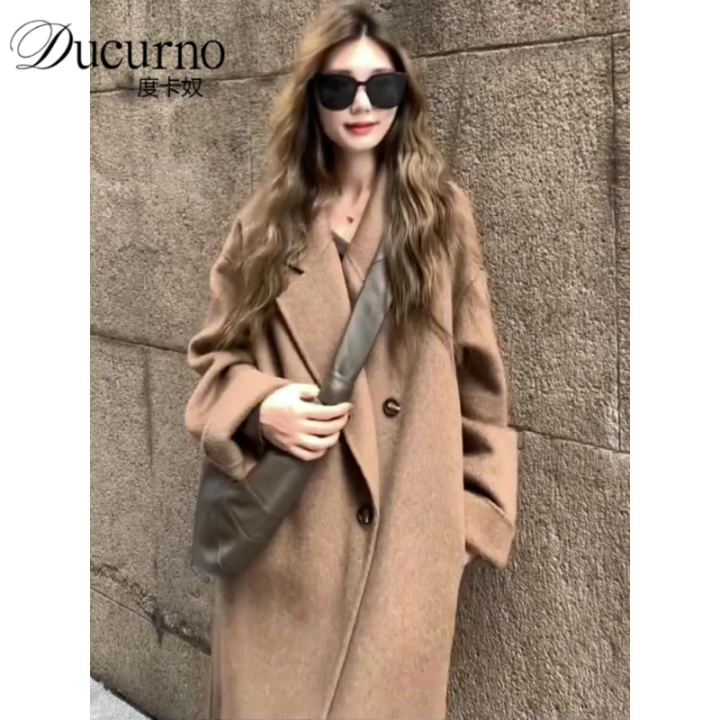 韩版双面大衣女2025年冬季新款气质宽松慵懒风中长款美拉德呢外套