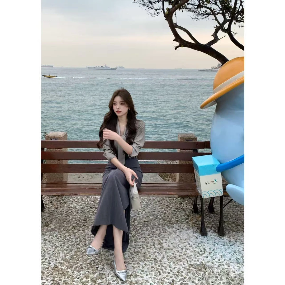 SZA【薄雾春日】春季气质高级感复古条纹衬衫高腰半身裙套装A-1510