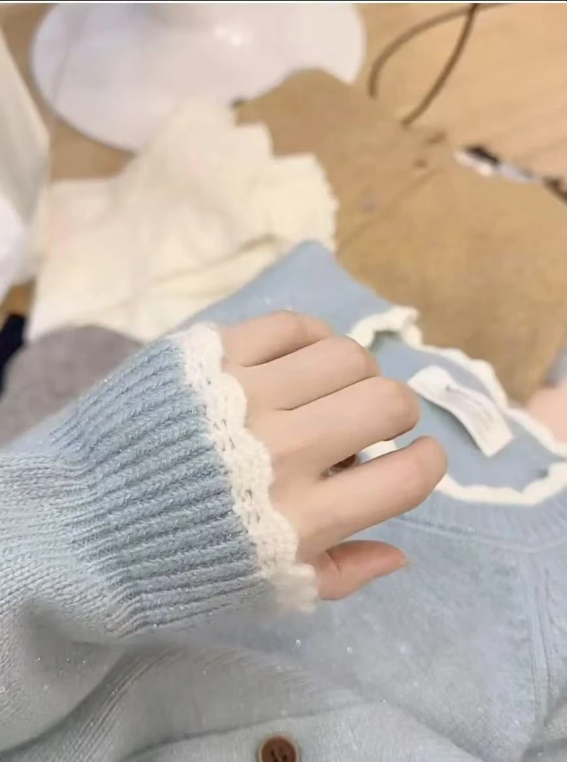 【花边开衫】2025新款 春季撞色花边开衫百搭女士长袖网红时尚韩版