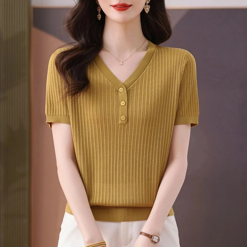 莱赛尔天丝夏季纯色薄款短袖V领T恤洋气百搭时尚针织宽松显瘦女装