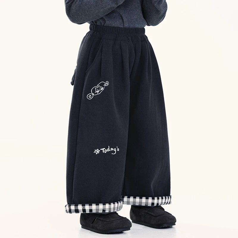 男童加绒裤子冬装新款儿童撞色灯芯绒裤中小童加厚直筒裤