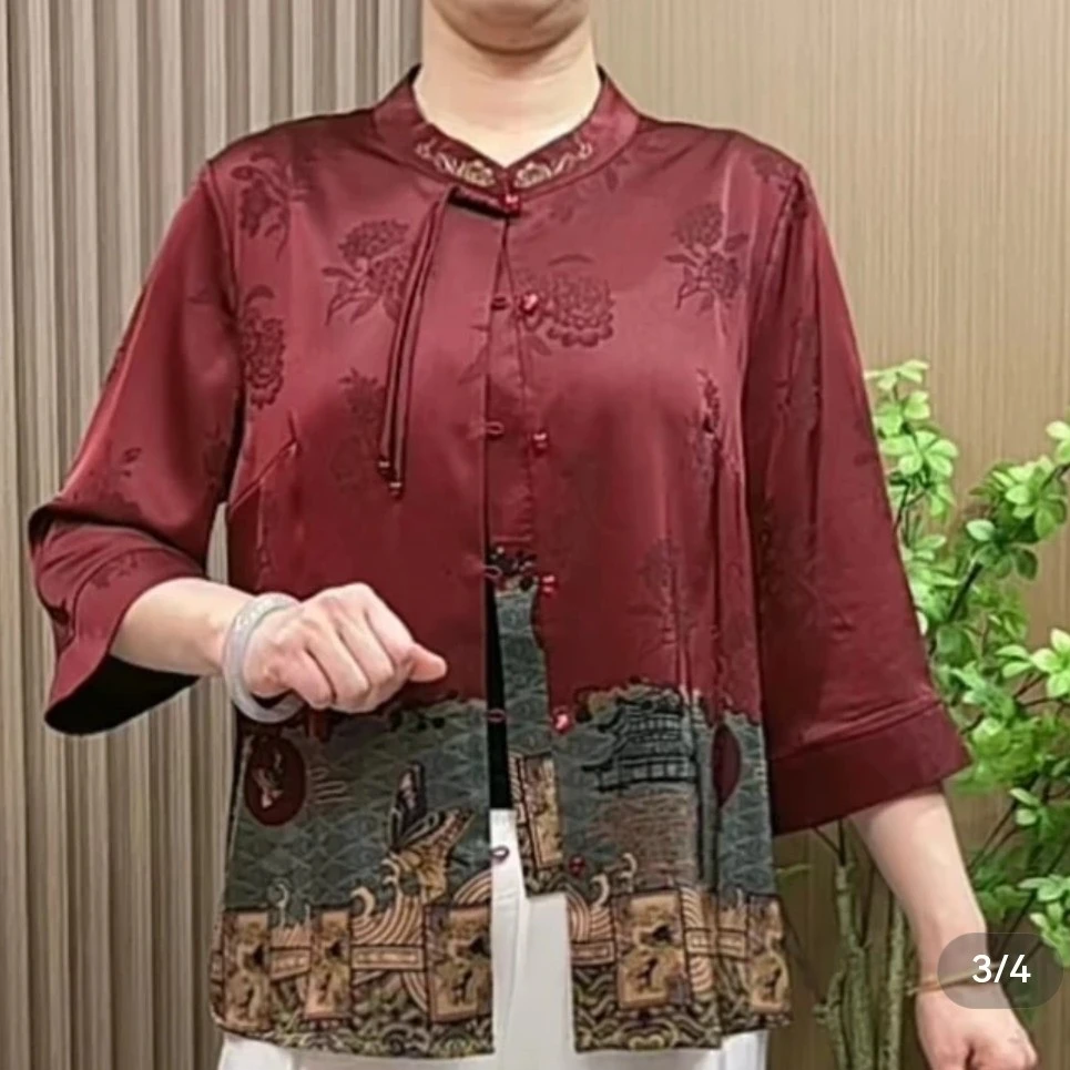风景宽松立领中老年女装外套七分袖宽松型妈妈装