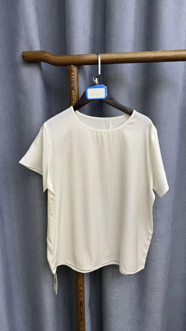 秋季新款休闲时尚圆领桑蚕丝短袖上衣女R916