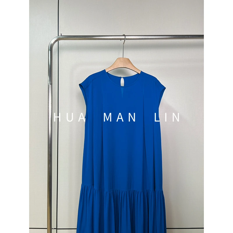 【花滿林】圆领盖袖捏褶建宏绉真丝桑蚕丝气质大摆连衣裙3922-1