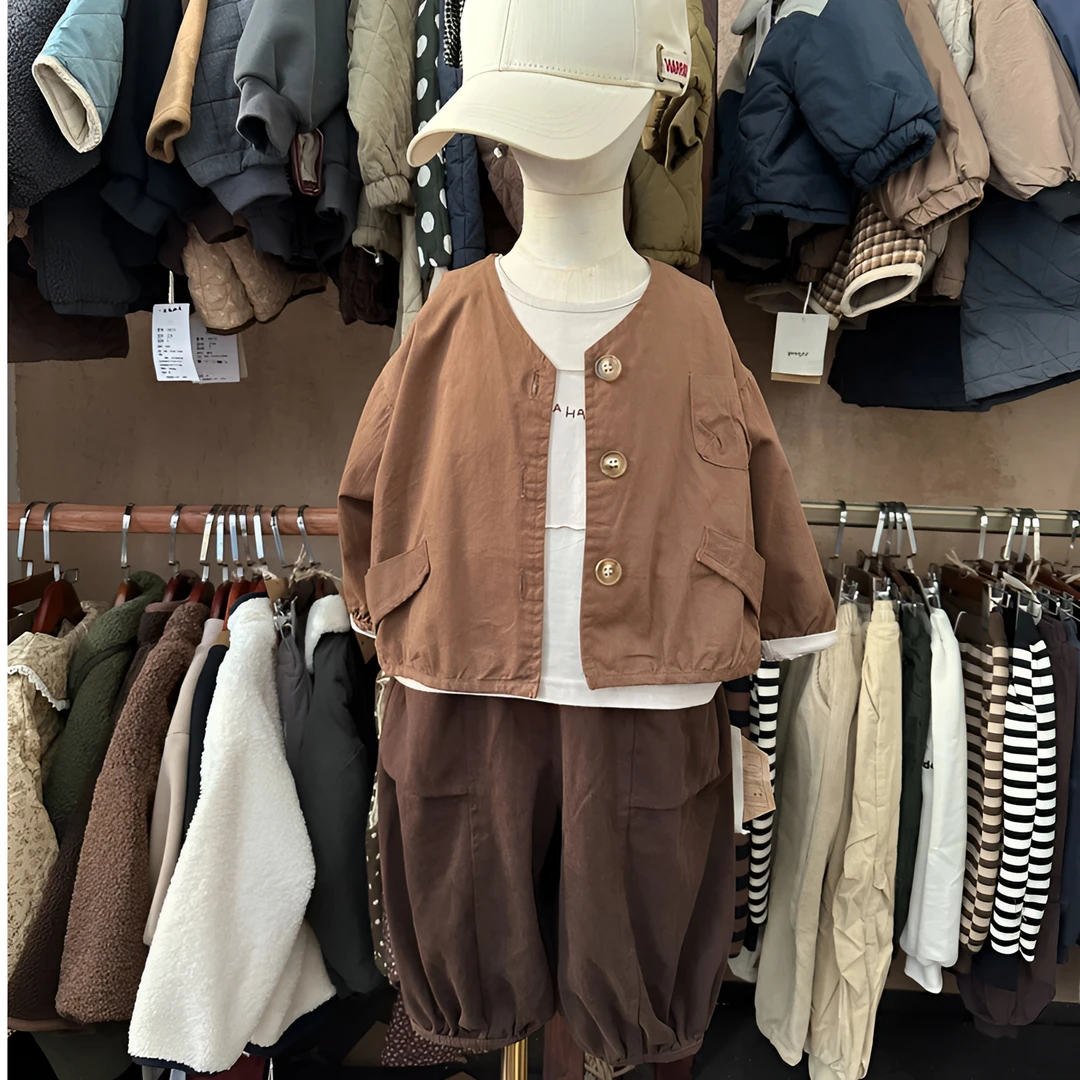 2025春秋森系韩版磨毛口袋拼接灯笼裤中小童男女宝百搭九分休闲裤