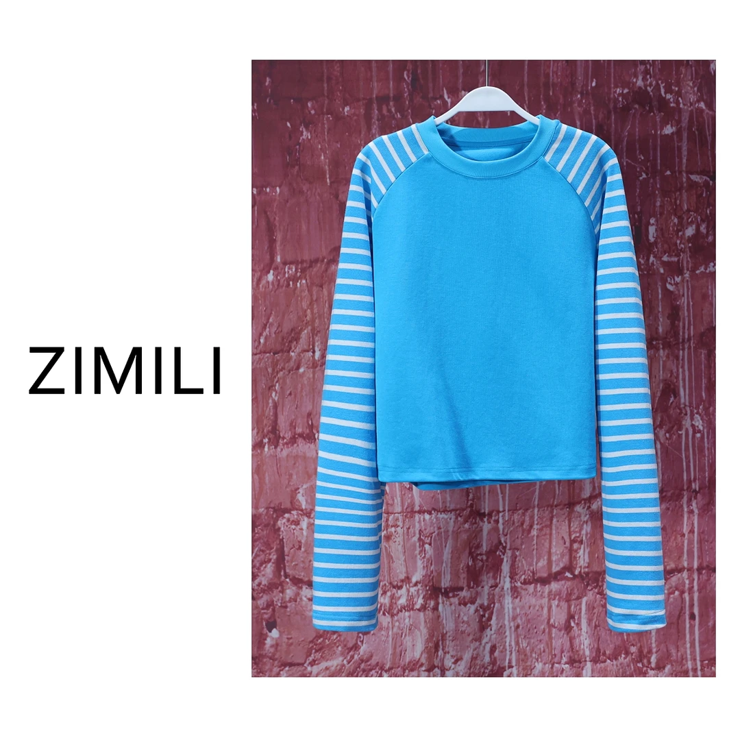 【LIANG哥女装】2025莱赛尔天丝邦迪蓝撞色拼接条纹插肩袖上衣6252