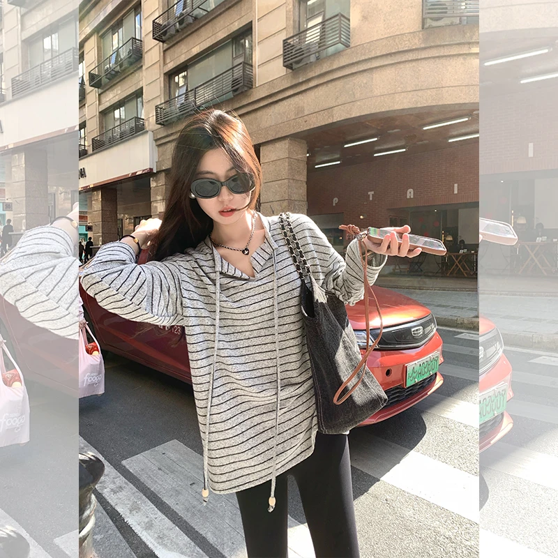 曾小咸 韩版休闲百搭灰色条纹T恤女2025春显瘦长袖上衣Z244TP4239