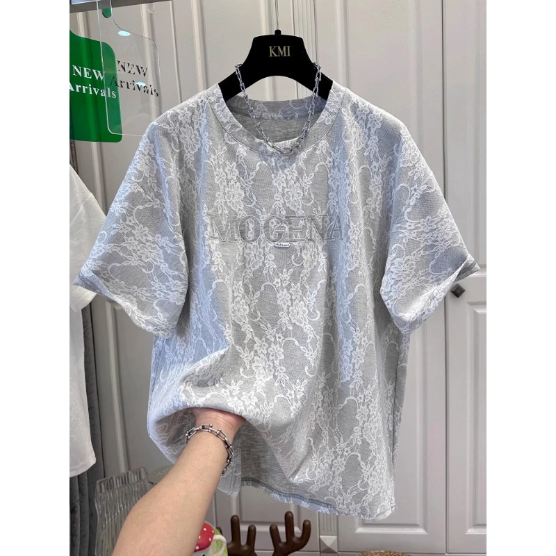 胖妹妹240斤欧货拼接蕾丝刺绣短袖T恤女2025春夏宽松大码圆领上衣