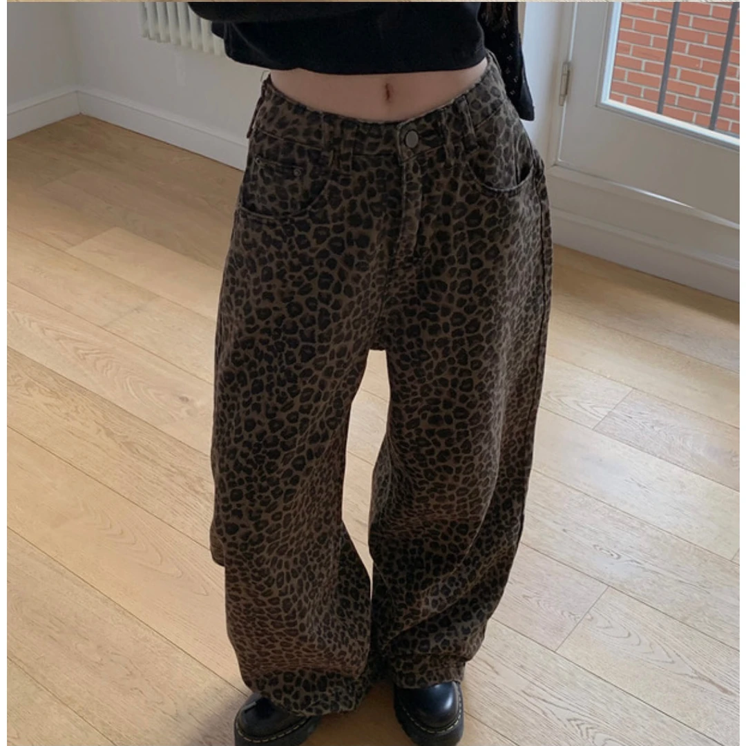 现货   韩国chic复古豹纹牛仔裤女高腰垂感宽松直筒阔腿拖地裤