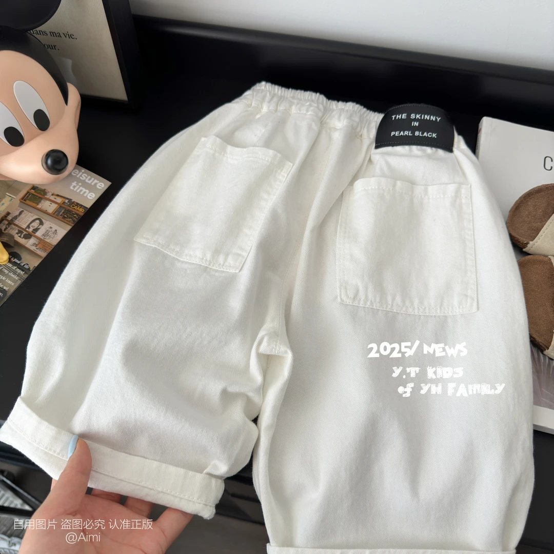 儿童夏款纯棉百搭棉布裤贴标中裤米白色儿童韩版裤子男女童洋气潮