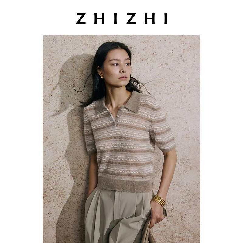致知 折丹桂 小翻领条纹短袖针织衫25年秋学院风ZZ2EAKZL018