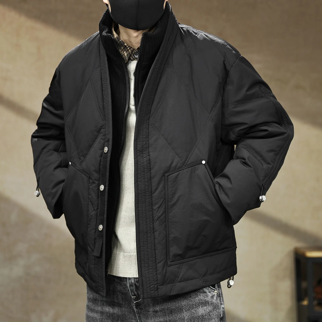 90鸭绒冬季轻薄假两件立领羽绒服男宽松保暖防寒面包服情侣外套潮