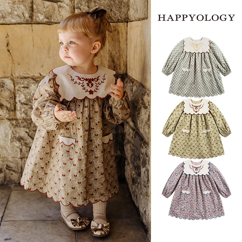 Happyology英国儿童连身裙女童长袖碎花裙子撞色翻领春秋装连衣裙