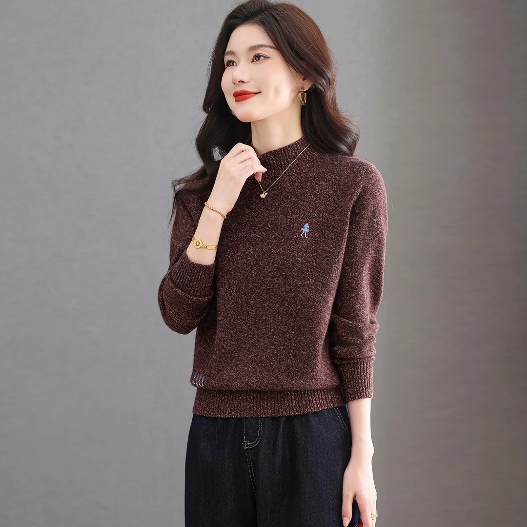 羊毛衫秋冬季新款半高领针织打底衫女洋气花色刺绣内搭小个子毛衣