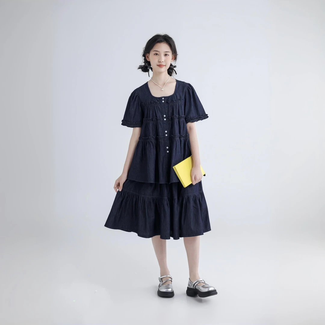中大童女童套装2025年夏季显瘦气质时尚法式上衣裙子两件套H68051
