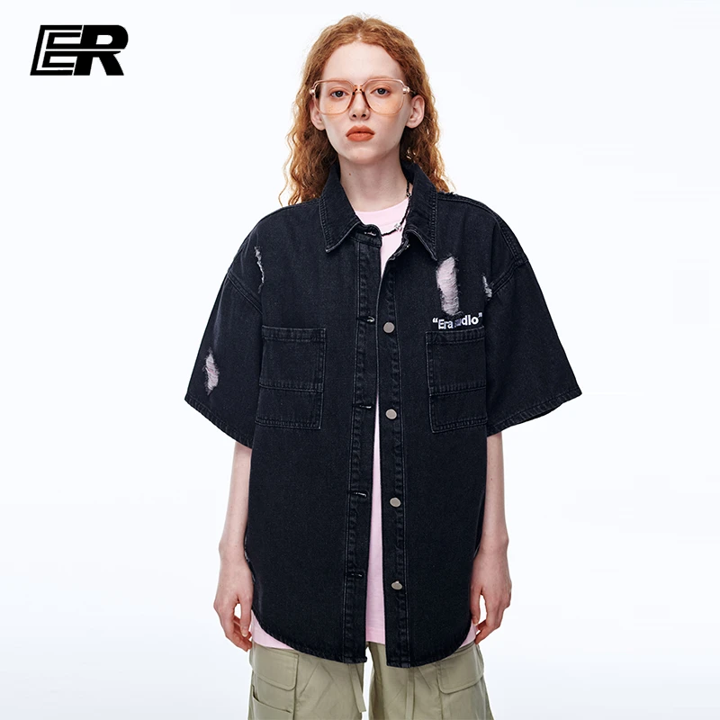 ER美式水洗破洞牛仔短袖衬衫潮2025夏季新品情侣款休闲小众外套