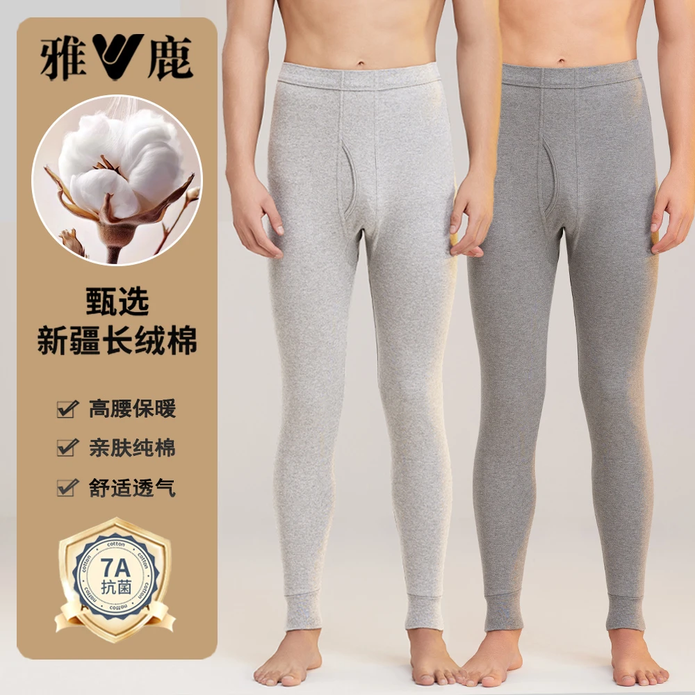 雅鹿男士纯棉秋裤线青年高腰加大码100%打底薄款棉毛保暖裤衬冬款